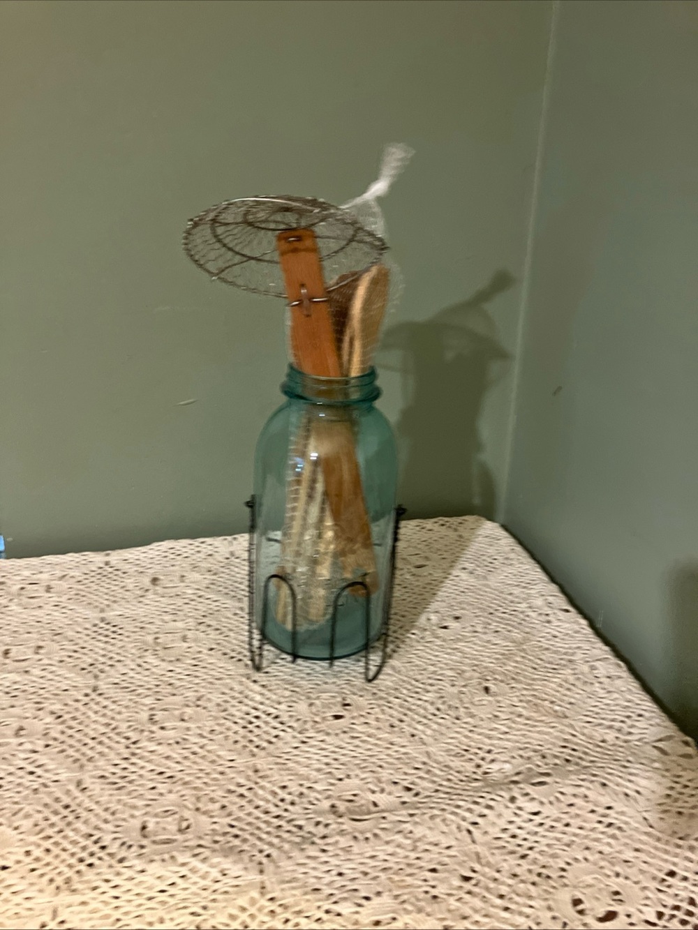 Vintage Clear Glass Jar with Wire Carrier Holder, Wooden Handle, Canning-Style